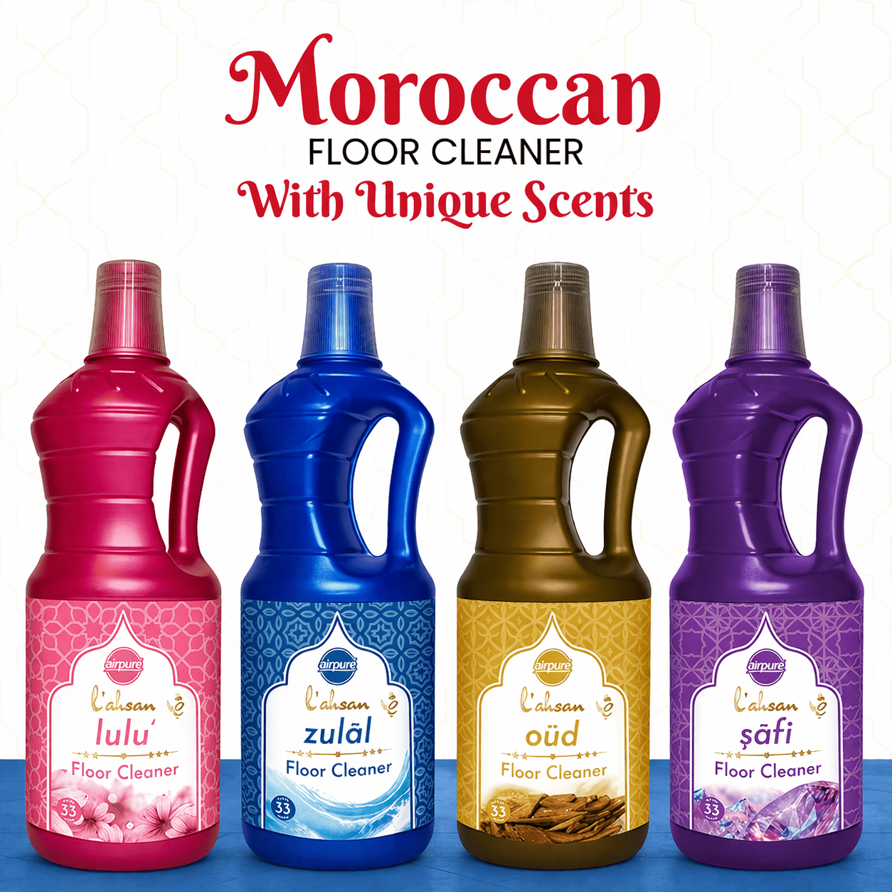 4Pack Moroccan Floor Cleaners Scented Long Lasting Oud, Zulal, Lulu & Shafi Fragrances Concentrated Deodorizing Floor Wash for Home & Office 1Liter X 4