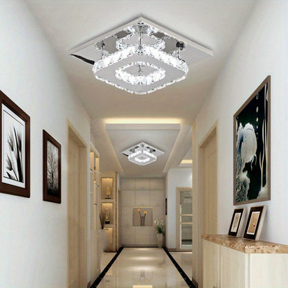 Contemporary Mini Crystal Chandelier, Square Single-layer LED Crystal Ceiling Light, Plain Crystal Ceiling Lighting Chrome Crystal Pendant, 12W 6000K Cold White Light, for Living Room Kitchen Office Bedroom Dining Room Island, 21*21cm/ 8.27*8.27inch.