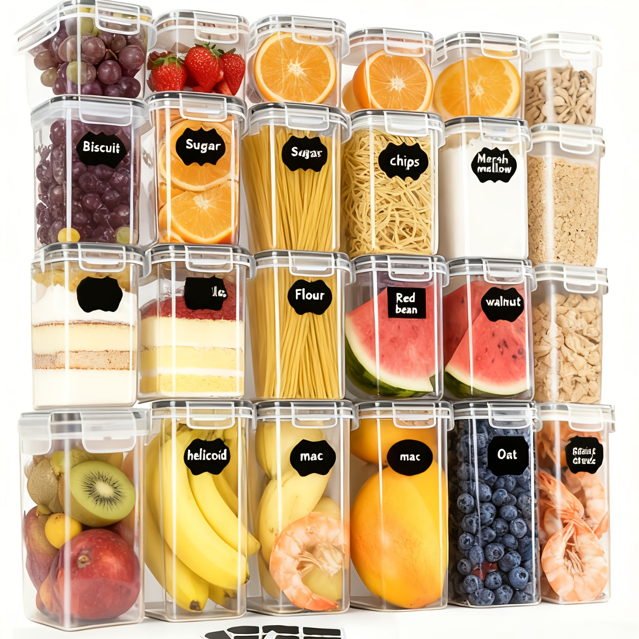 49pcs/21pcs Plastic Food Storage Containers with Gull-Wing Lids & Lids Suitable for Snacks, Noodles, Flour - Rectangular Jars with Sealable Lids, Hand-Washable Kitchen Pantry Organizers for Dry Goods Preservation (Jars + Lids + Pen)