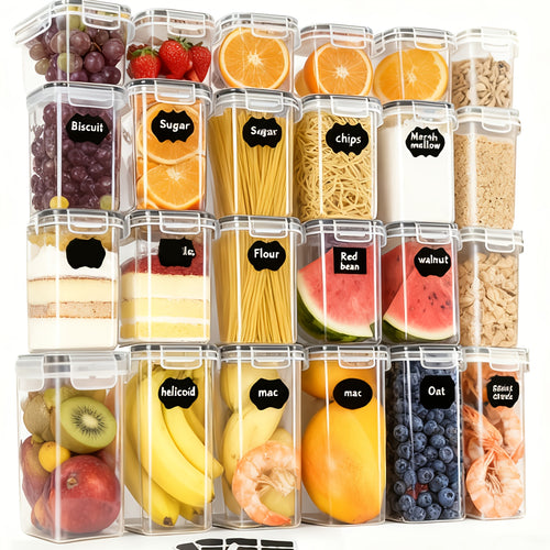 49pcs/21pcs Plastic Food Storage Containers with Gull-Wing Lids & Lids Suitable for Snacks, Noodles, Flour - Rectangular Jars with Sealable Lids, Hand-Washable Kitchen Pantry Organizers for Dry Goods Preservation (Jars + Lids + Pen)