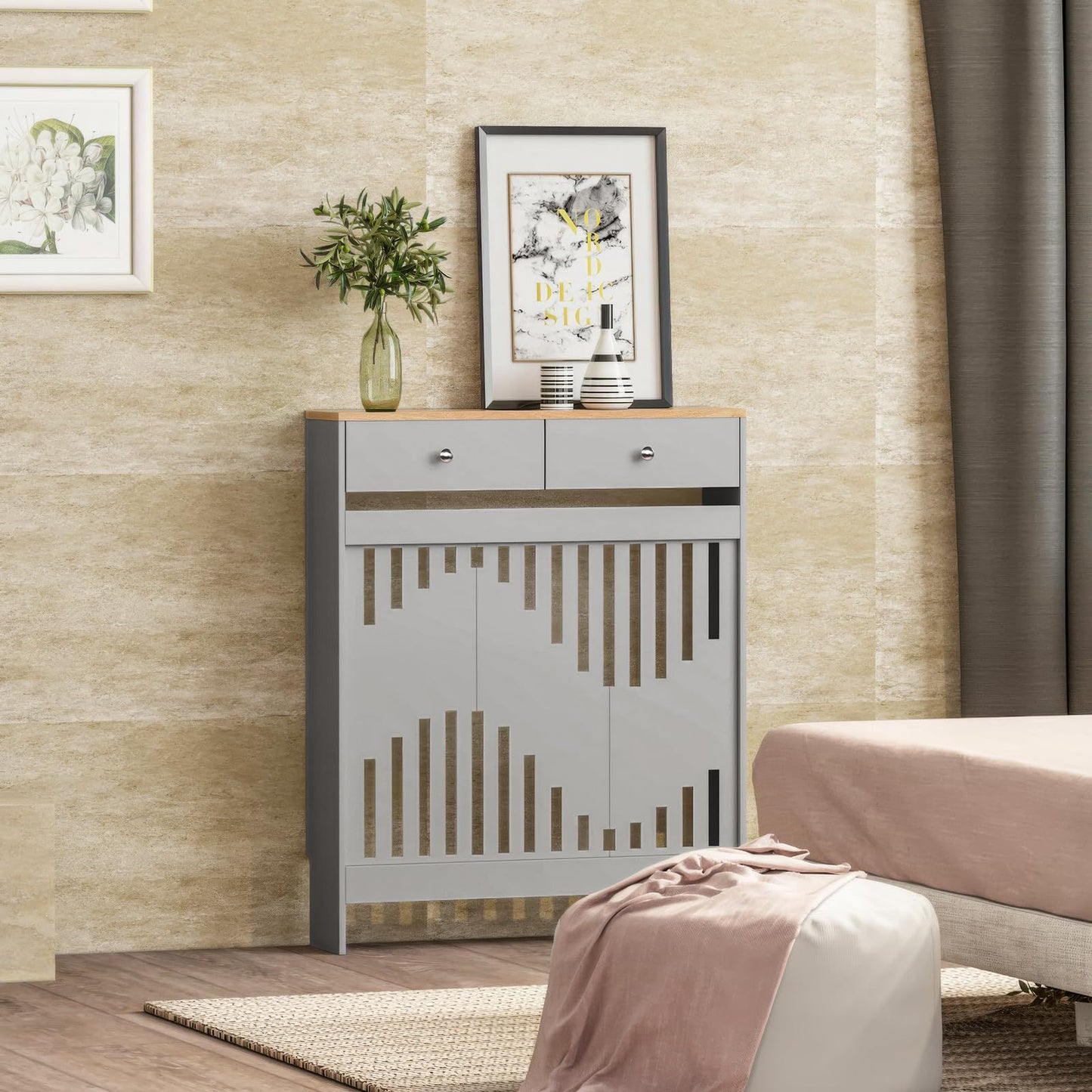 Modern White MDF Wood Radiator Cover with Drawers - Contemporary Style, Great Choice for Living Room, Bedroom, Hallway, Suitable for Placing Decorative Items and Storing Small Objects.