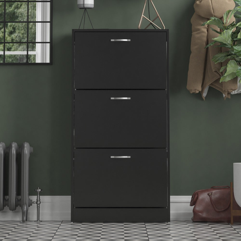 3 Drawer Shoe Cabinet with Stainless Steel Handles – Hallway Shoe Storage Cupboard, Holds 9–12 Pairs, Modern Slim Shoe Rack for Entryway Bedroom