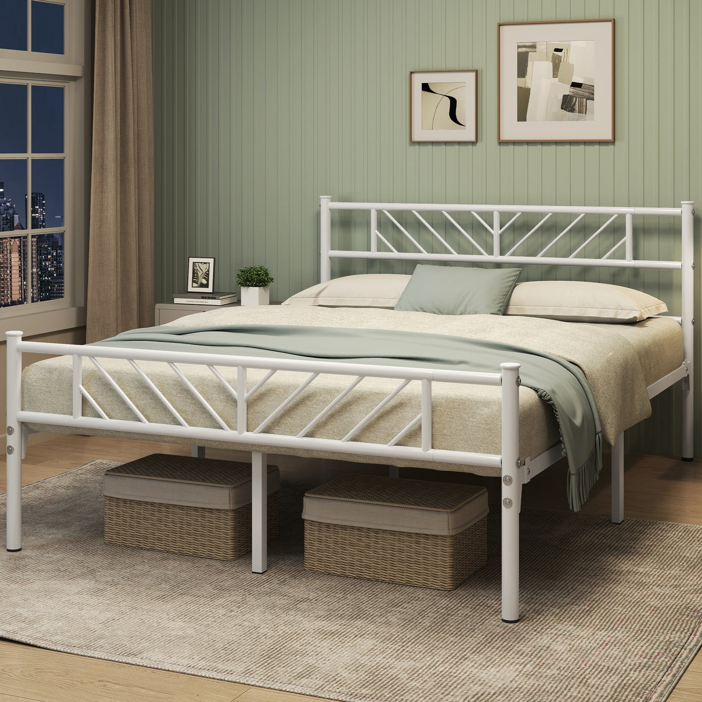 Costoffs Metal Platform Bed Frame, Single/Double/King Sizes, Mattress Foundation with Arrow Design Headboard & Footboard, Built-in Steel Slats, 32cm Underbed Storage, No Box Spring Needed, Black/White