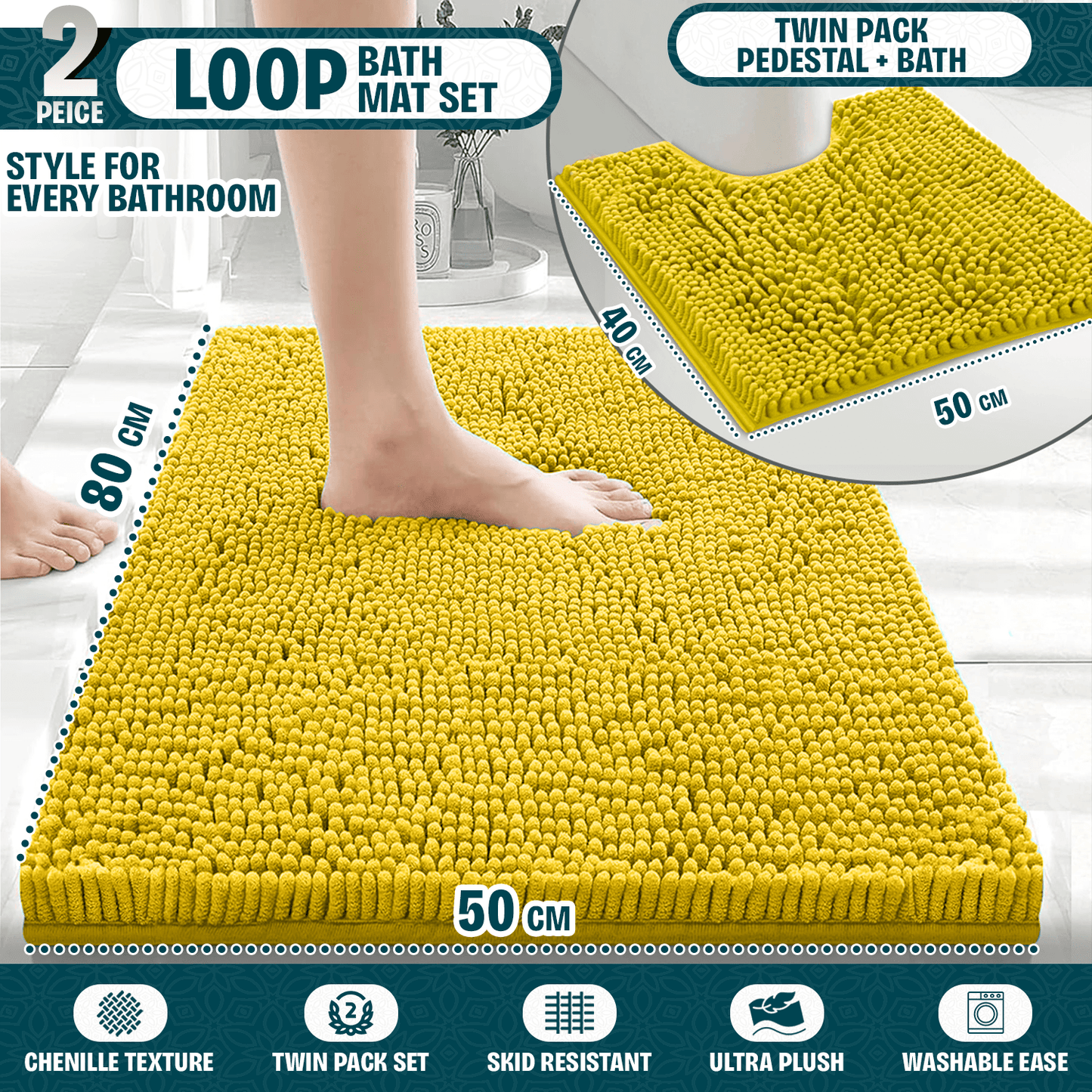 2-Piece Loop Bathroom Mat Set | Soft Chenille Microfiber Rugs with Non-Slip Backing | Machine Washable | Includes 50x80cm Bath Mat & 50x40cm Pedestal Mat | Stylish, Comfy & Durable | UK STOCK | LOCAL WAREHOUSE