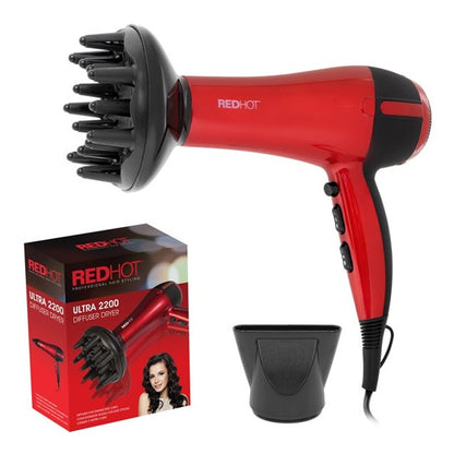 Red Hot 37010 2200W Professional Hair Dryer with Diffuser & Concentrator Nozzles/Dual Styling Options / 3 Heat Settings, 2 Speed Settings & Cool Air Mode/Salon Quality/Red Coloured