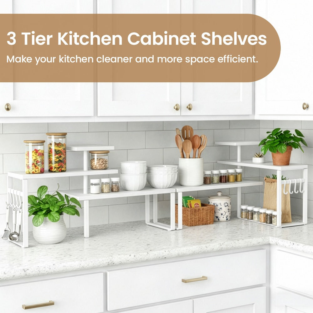 3-Tier Adjustable Countertop Organizer Spice Rack, Corner Shelf with 4 Hooks, Rustic Kitchen Counter Organizer for Coffee Bar, Bathroom, Cabinet, Desk