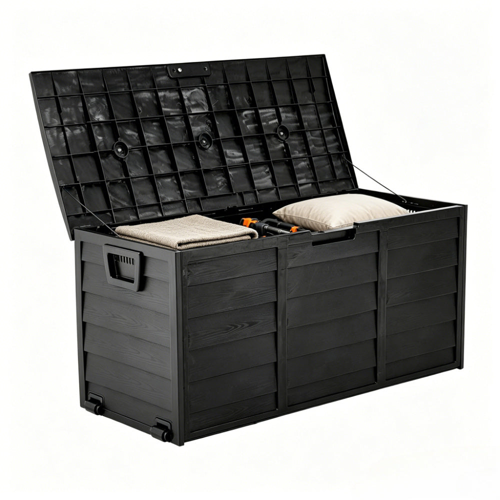 Large Capacity Outdoor Plastic Cushions Storage Box Utility Patio Deck Box with Wheel Lockable Lid Container Case Home Organizer for Parcels, Garden Tools, Clothes, Blankets, Pillows & More 112*49*54cm