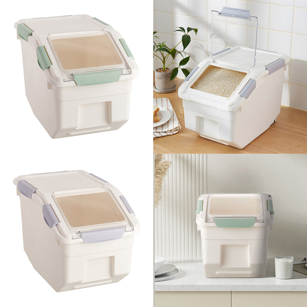 Rice Dispenser 10kg with Scoop, PP Rice Storage Container with Lid & Wheels for Dog & Cat Food, Flour, Cereal, Nuts, Beans, Kitchen Storage Box, Grey/ Green, 35*20*26CM