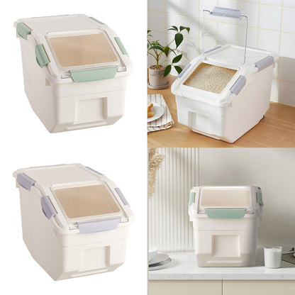 Rice Dispenser 10kg with Scoop, PP Rice Storage Container with Lid & Wheels for Dog & Cat Food, Flour, Cereal, Nuts, Beans, Kitchen Storage Box, Grey/ Green, 35*20*26CM