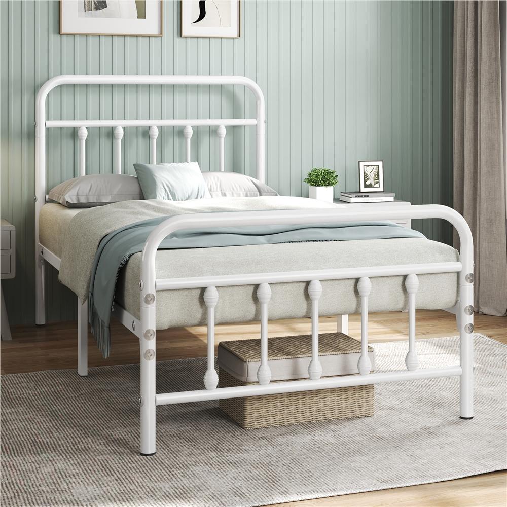 Costoffs Metal Bed Frame, Metal-Framed Bed, Bed Foundation, Metal Platform Bed, Vintage Iron Platform Bed with High Headboard and Footboard, Sturdy Iron Bed, Single/Double/King, White/Black/Pink