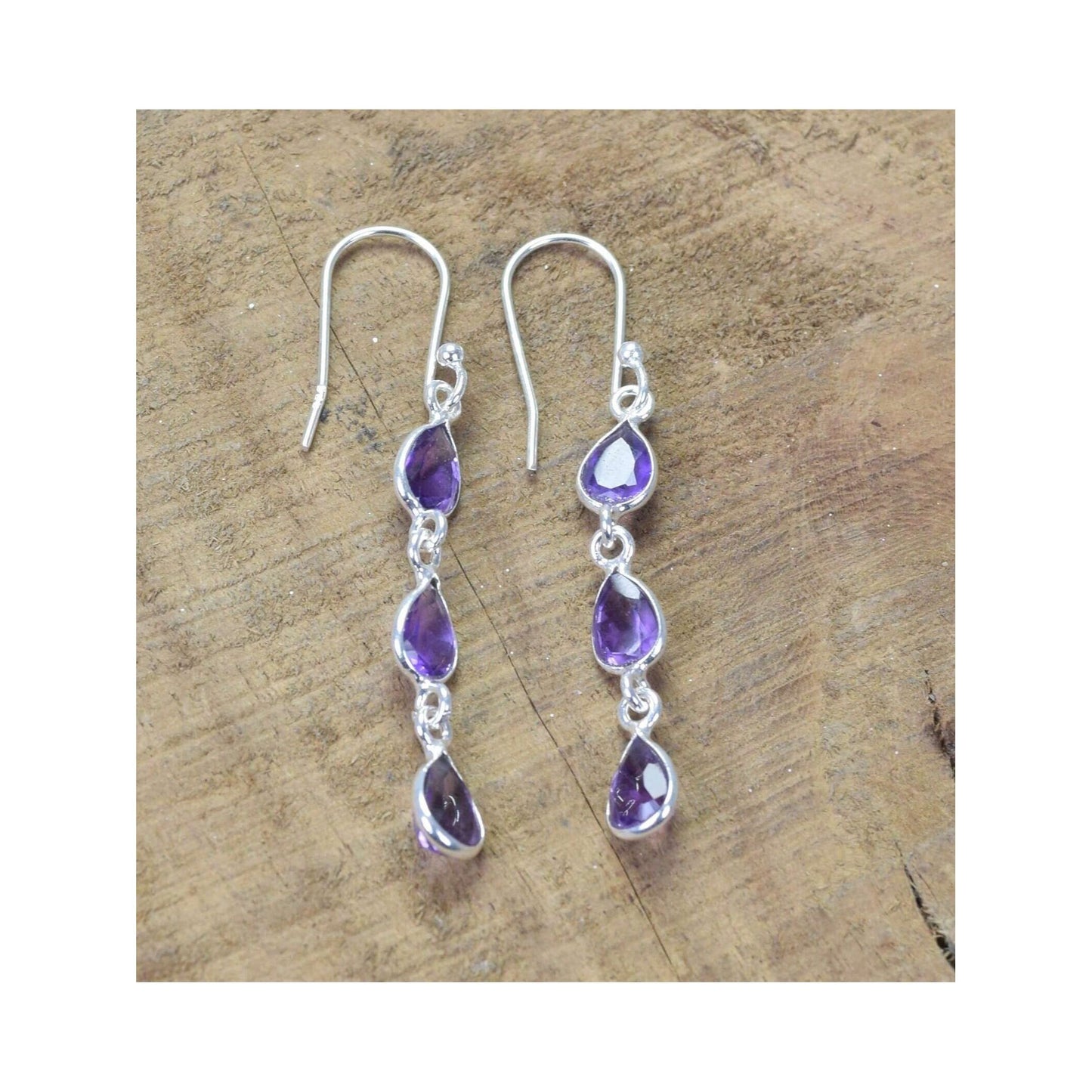 925 Sterling Silver Natural Gemstone 3 stone long Earring, Bezel Set Birthstone Ring, Perfect gift