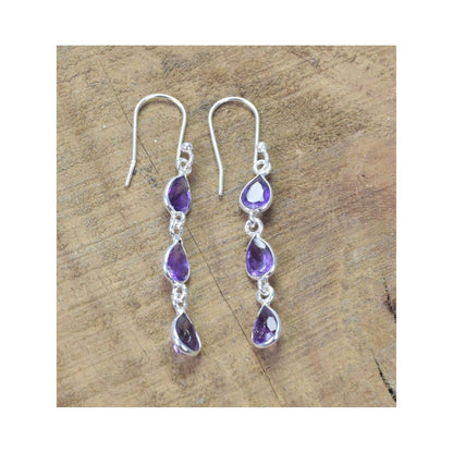 925 Sterling Silver Natural Gemstone 3 stone long Earring, Bezel Set Birthstone Ring, Perfect gift