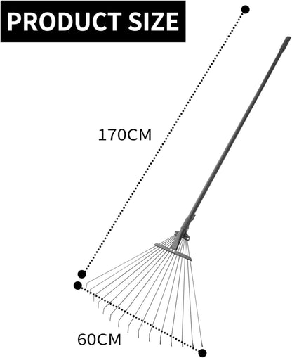 Leaf Rake, 15 Metal Tines, Adjustable Garden Rake with 20-60 cm Wide Head and 81-170 cm Handle, Tool for Removing Leaves in Gardening, Patio, Lawn