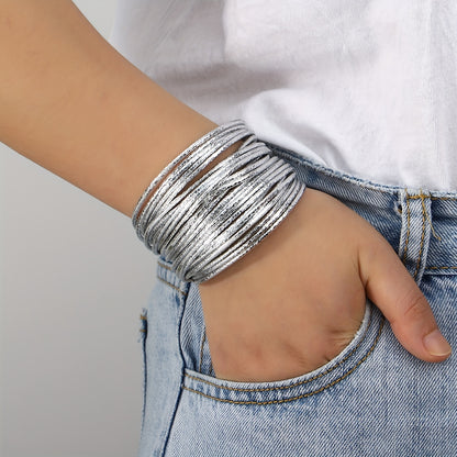 1pc Slim Stripes Wide Multilayer Wrap Bracelet Metallic Shiny Glitter Artificial Leather Cuff with Magnetic Clasp Jewelry for Men Women Holiday Party Birthday Gifts