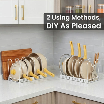 1 Set Pot and Pan Organizer Rack with 10 Adjustable Dividers – Expandable Kitchen Cabinet Storage for Lids, Dishes, Cookware – Bakeware Rack for RV & Home