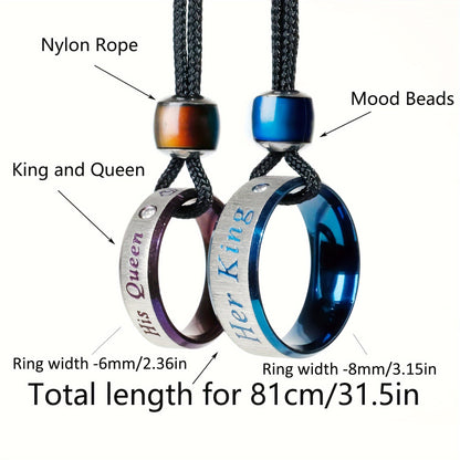 2pcs Stainless Steel Necklace Set: "Her King and His Queen" Text Sentimental Couple's Ring Pendant Promise Necklace