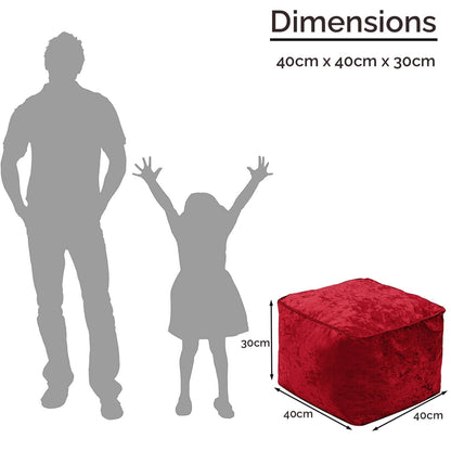 Fully Filled Velvet Bean Bag Footstool – Cube Pouffe Seat, 40×40×30cm, Soft Crush Velvet, Square Shape, Ideal as Foot Rest or Extra Seating