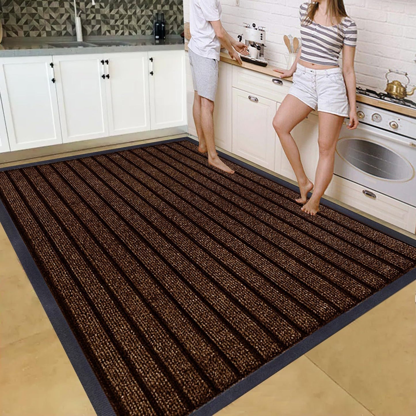 1pc Heavy Duty Rubber Runner & Area Rug | Outdoor Waterproof PVC Backing Non Slip Floor Carpet | Washable Dirt Grabber Barrier Rug for Muddy Paws, Hallway Runner, Large Area Rug for Entrance, Porch & Home Flooring 7 Stripe
