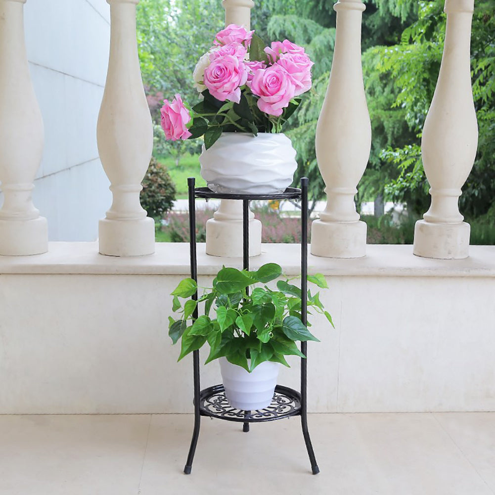 1PC Black Balcony Flowerpot Rack, 2-story Metal Plant Display Rack, Circular Display Base for Office and Living Room, Size 23*23*56cm