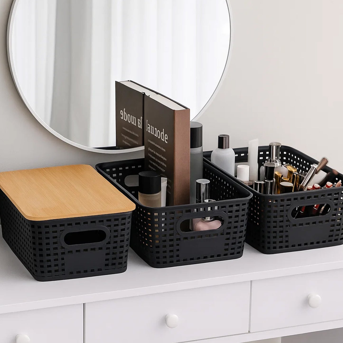 6-Pack Black Stackable Storage Bins with Bamboo Lids – Modern Lidded Plastic Boxes for Kitchen, Bathroom, Office, or Wardrobe Organization