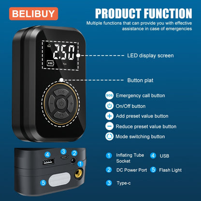 Tire Inflator Portable Air Compressor, Rechargeable Air Pump for Car Tires, Electric Bicycle Tire Air Pump with Digital Pressure Gauge for Motorcycle, Car, Ball Car, Bicycle