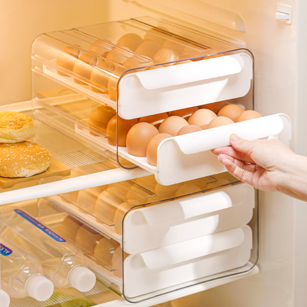 Egg Box for Refrigerator, Stackable Transparent Egg Storage Box, 32 Grid Egg Container, Double-Layer Kitchen Fridge Egg Drawer Boxes, White