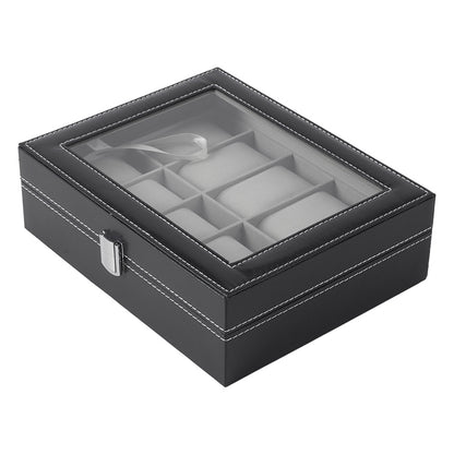 Watch Box for Men, 10 Slot Watch Case With Removable Watch Pillows, Watch Display Box with Glass Lid, Large Watch Holder for Jewelry and Watch Storage for Men Women, Ideal for Christmas Gift