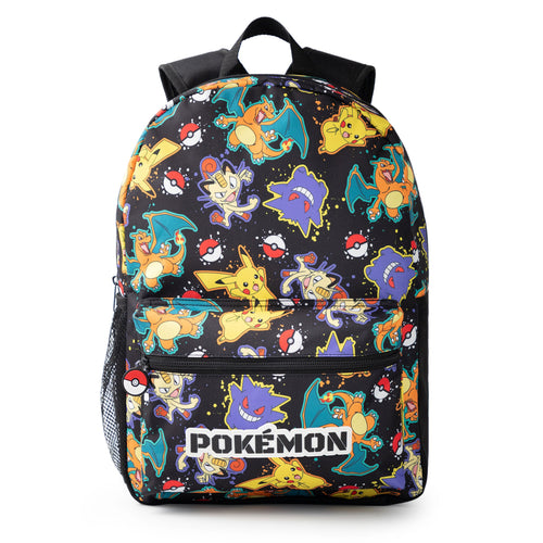 Pokémon Pikachu Charizard Gengar Meowth Backpack in Black | Kids Character All-Over Print Bag | Adjustable Shoulder Straps, Front Pocket & Mesh Holder