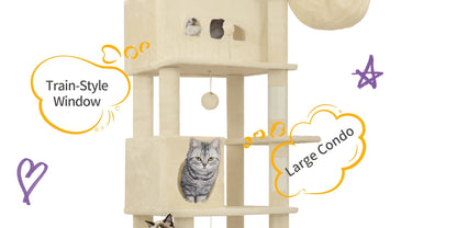 Cat Tree for Indoor Cats, 210cm Large Tall Cat Tower, Multi-Level Cats House with Condo, 8 Scratching Posts, Hammock, 4 Pom Poms