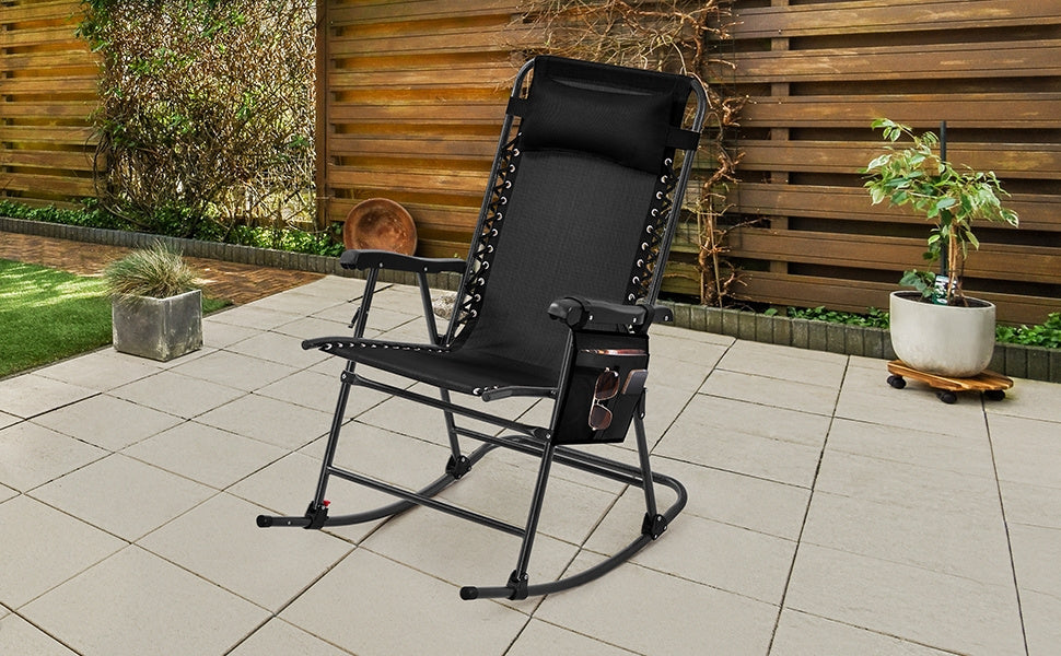 Costoffs Patio Chair Foldable Rocking Chair, Outdoor Lounge Chair with Headrest Pillow for Outdoor Use Only, Napping or Sunbathing, Black/Beige/Navy Blue Outdoor Use Only