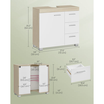 Under Sink Bathroom Cabinet, Storage Cabinet, with 3 Drawers, for Washbasins with Pedestal, 30 x 70 x 64 cm，Cloud White and Natural Beige