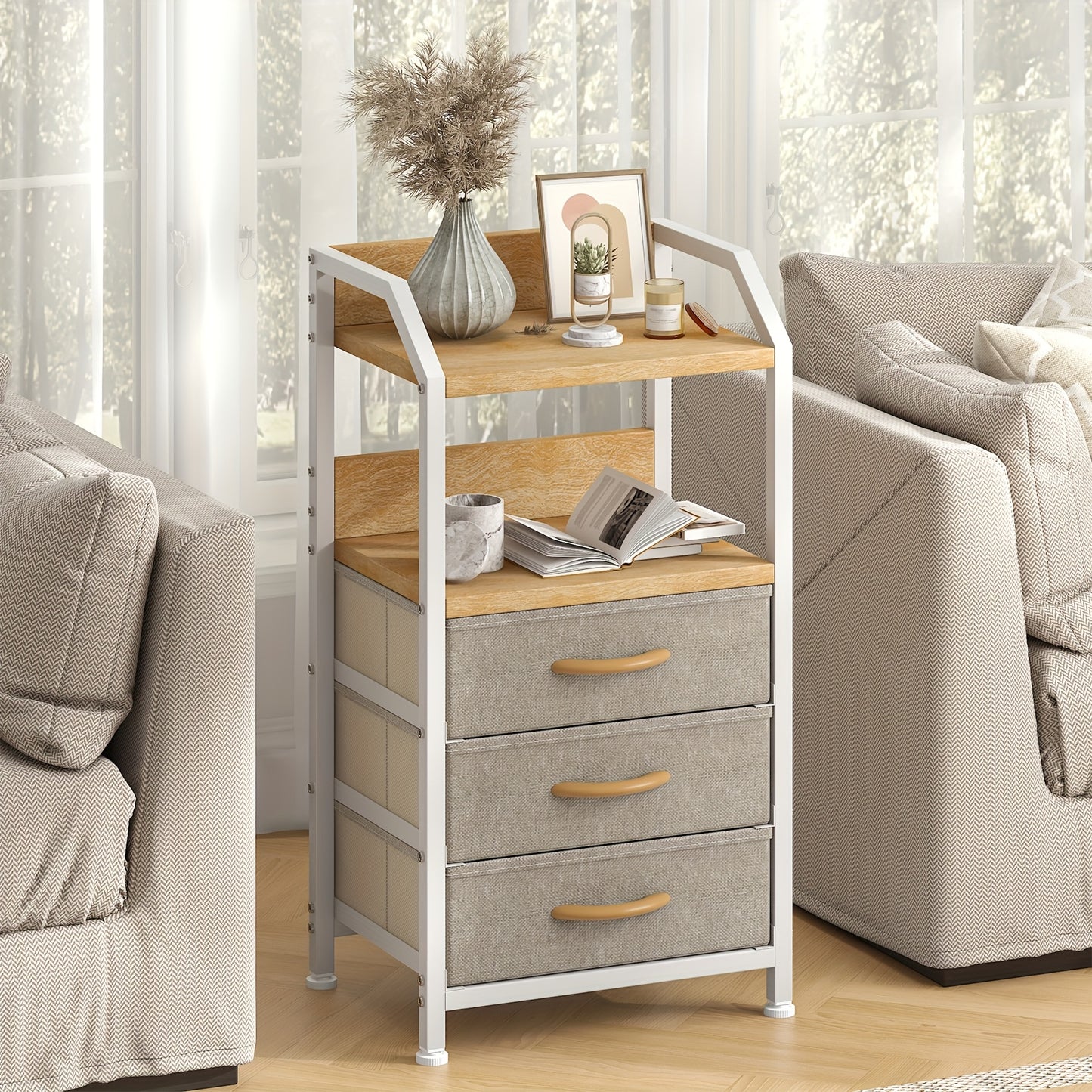 Modern End Table with 3 Fabric Drawers & 2 Open Shelves - Metal Frame Bedside Table, Light Beige Finish, 68.58cm Height, 3, 2 Cu Ft Storage, Easy Assembly for Bedroom & Living Room, Bedroom Nightstand, Contemporary Design, Sturdy Construction, Minimalist