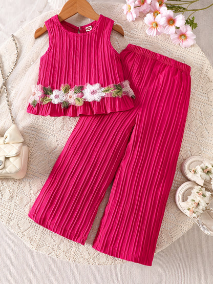 2pcs Set. Girls' Tank Top and Wide-leg Pants Set, Featuring Stylish Lace Trim and Ruffle Details. Simple and Fashionable Design. Ideal for Girls' Daily Casual Wear in Spring and Summer. Suitable for Girls Aged 1-8 for Daily Leisure and Sports