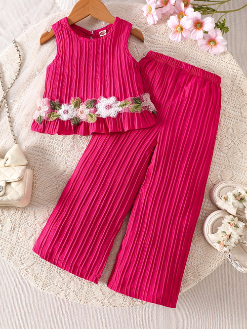 2pcs Set. Girls' Tank Top and Wide-leg Pants Set, Featuring Stylish Lace Trim and Ruffle Details. Simple and Fashionable Design. Ideal for Girls' Daily Casual Wear in Spring and Summer. Suitable for Girls Aged 1-8 for Daily Leisure and Sports