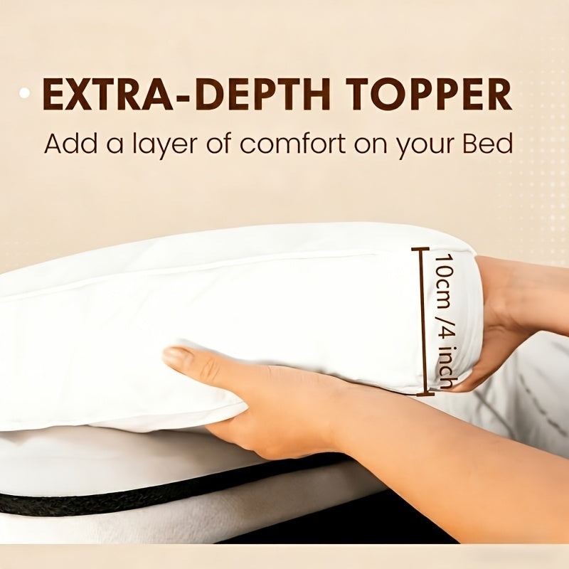 1pc 10cm Deep Mattress Topper, 4Inch Microfiber Overfill, Plush Soft Surface, Four-Corner Elastic Straps for Secure Fit, Anti-Shift & Even Weight Distribution, Fits Single/Double/King/Super King UK Beds