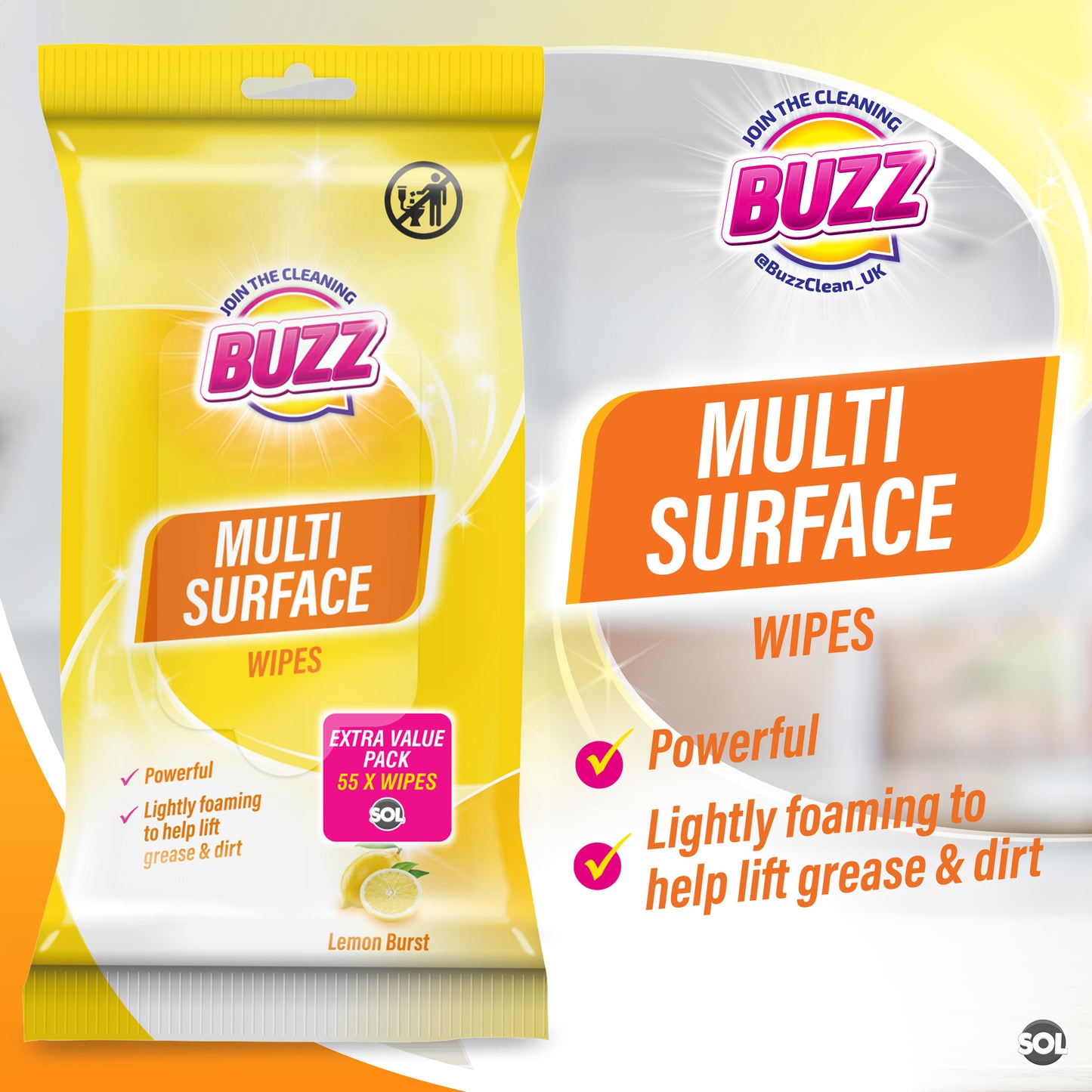 Buzz 220 Pack Multi-Surface Cleaning Wipes – Lemon Scent | 4 × 55 Packs Household Multipurpose Wipes for Kitchen, Bathroom & Floor | Quick & Easy Spill Cleanup | Durable All-Purpose Wipes for Everyday Messes | Fresh Smelling Home & Office Cleaning Solutio