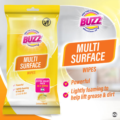 Buzz 220 Pack Multi-Surface Cleaning Wipes – Lemon Scent | 4 × 55 Packs Household Multipurpose Wipes for Kitchen, Bathroom & Floor | Quick & Easy Spill Cleanup | Durable All-Purpose Wipes for Everyday Messes | Fresh Smelling Home & Office Cleaning Solutio