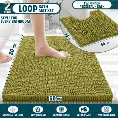 2-Piece Loop Bathroom Mat Set | Soft Chenille Microfiber Rugs with Non-Slip Backing | Machine Washable | Includes 50x80cm Bath Mat & 50x40cm Pedestal Mat | Stylish, Comfy & Durable | UK STOCK | LOCAL WAREHOUSE