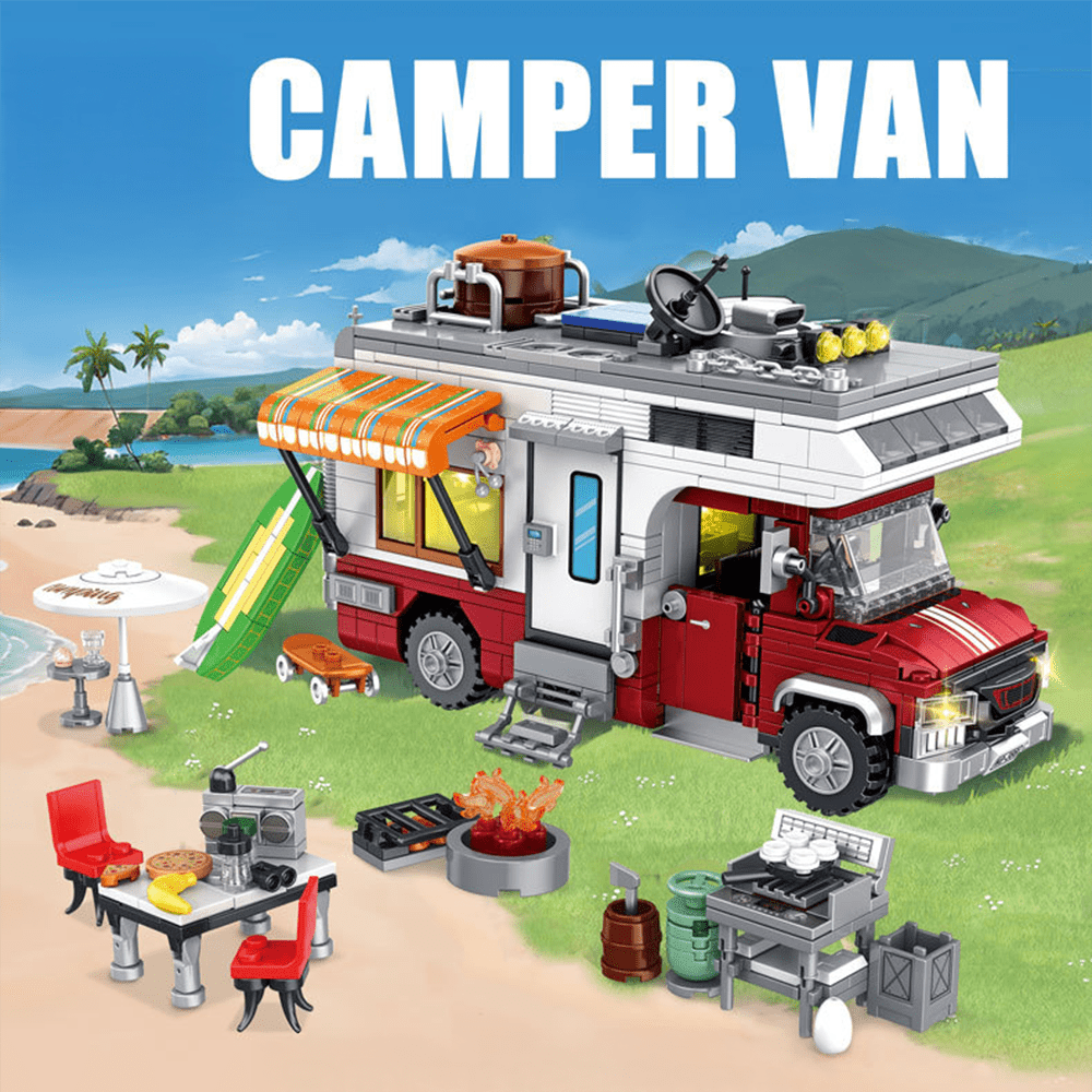Camper Van Building Blocks Toy, Street View Series Building Blocks, Decompression Assembly Model, Desktop Decoration Ornament, With Built-In Light Up Components, Rich Camping Scene Accessories, Highly Restored Detailed Appearance, No Stuck During Assembly
