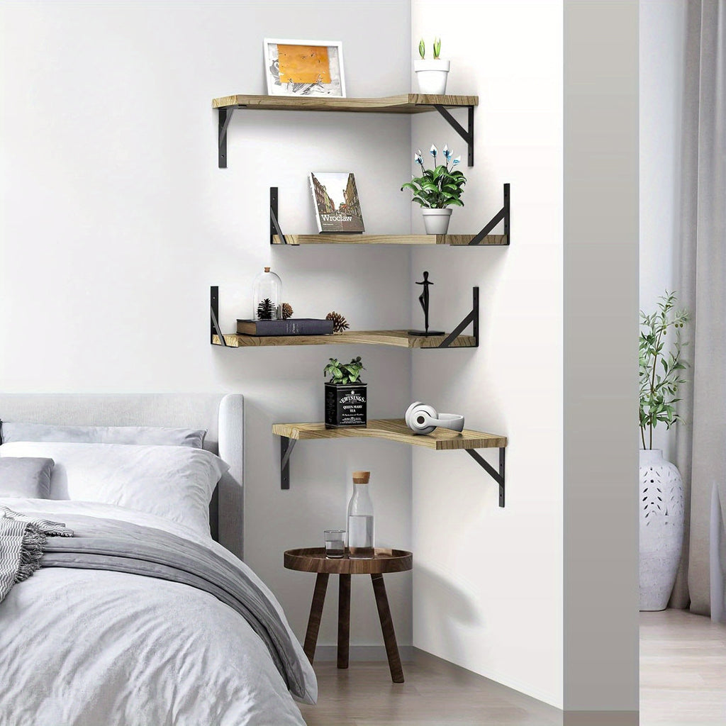 Four-Tier Corner Floating Shelves - Two Wood Finishes