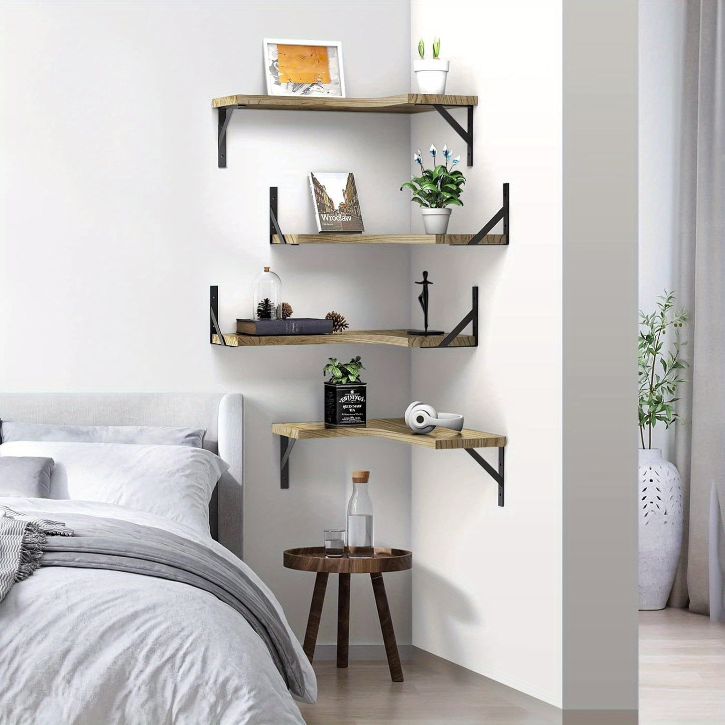 4 Tier Wooden Floating Shelves Wall Mounted Storage Rack L Shape Corner Shelf Versatile Home Kitchen Bathroom Bedroom for Books, Crafts, Festival Ornament, Toiletries Display Holder Decorative Stand