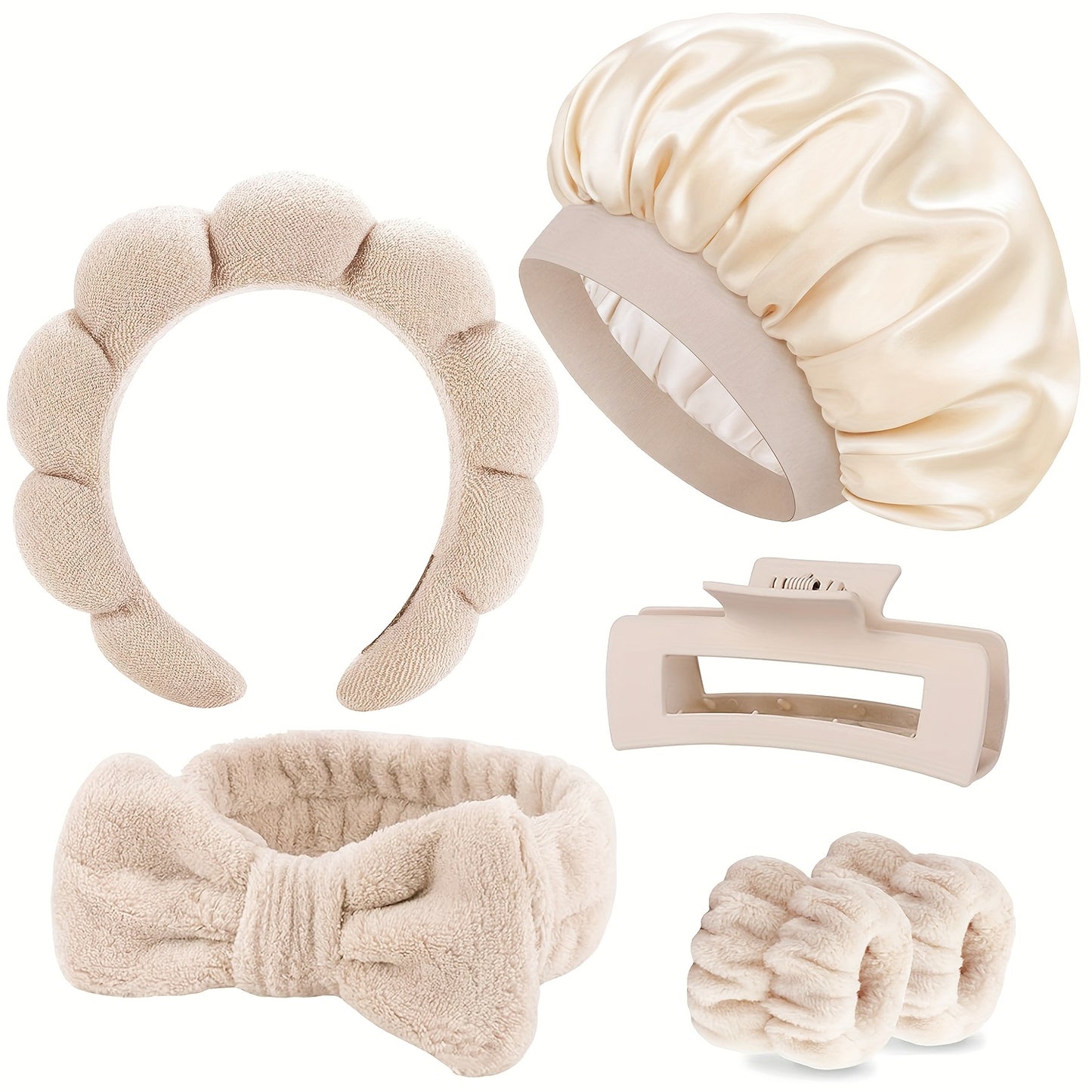 6pcs Satin Bonnet for Sleeping And Spa Headband Set, Soft Microfiber Skincare Hairband with Bow, Maillard Color Wide Band Hairs Bonnet for Sleeping Wristbands with Hair Claw Clip for Women Men