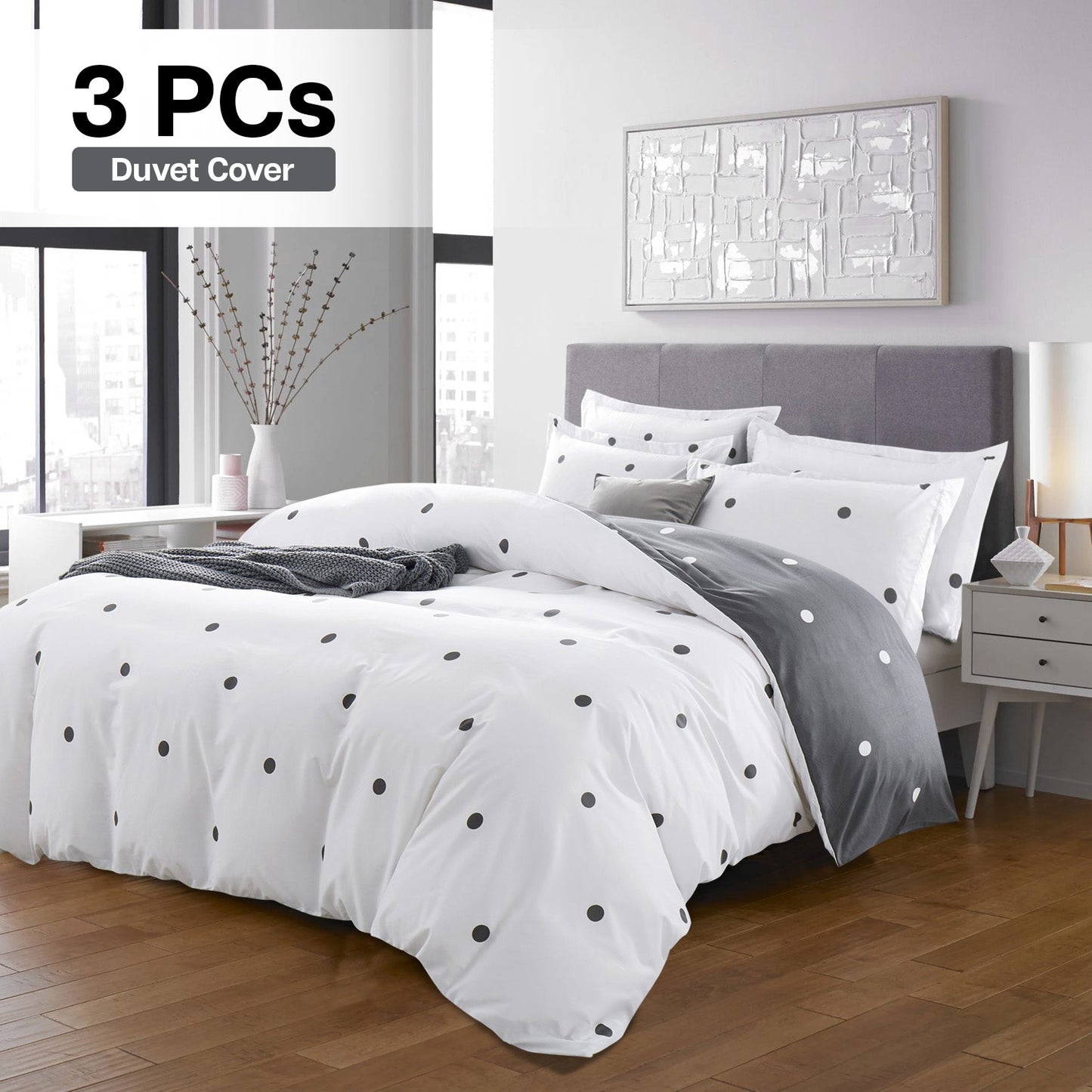 3pcs Polka Dot Printed Reversible Duvet Cover Set - with Pillowcases Soft & Breathable Microfiber, Button Closer, Machine Washable, wrinkle free & Durable – perfect for Bedroom, Guest Room All Sizes Available