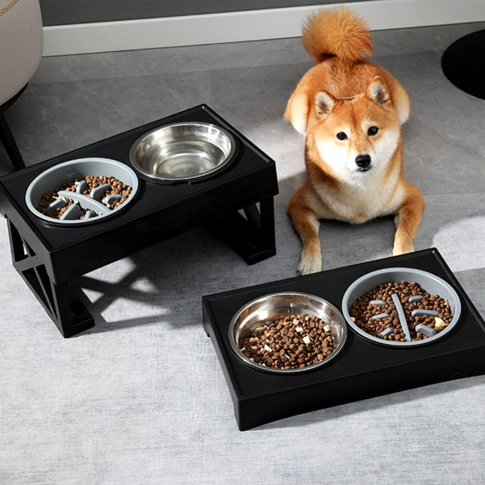 Elevated Dog Bowl Stand Height-Adjustable – Raised Feeder with Stainless Steel & PP Bowls for Small, Medium & Large Dogs, Anti-Slip Feeding Station, 45x26x27.5cm, Black