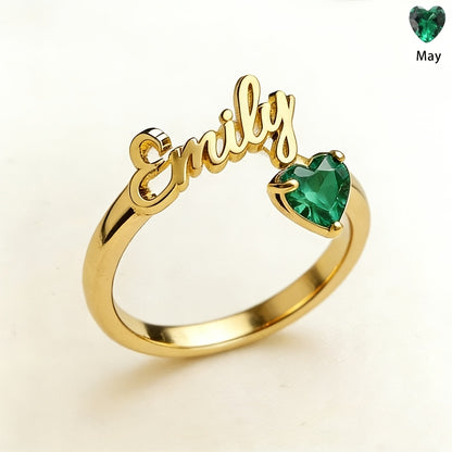 Personalized Heart Birthstone Ring, Custom Birthstone Golden Name Ring, Stainless Steel Elegant Nameplate Open Ring, Best Birthday Gift for Her, Birthstone Jewelry, Light Issues May Cause Color Differences in Birthstones
