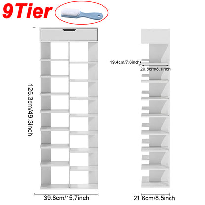 8/9-Tier Heavy-Duty Tall Shoe Rack Cabinet with Drawer, Space-Saving Vertical Shoe Organizer, Narrow Entryway/Bedroom/Office Storage, for Hallway, Closet, Apartment, Bedroom Organization