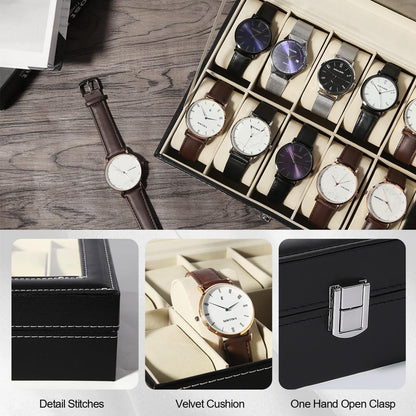 Uten Watch Box 10 Slots, Watch Case with Glass Lid, Watch Display Storage Box for Men and Women, Removable Watch Pillows, PU leather