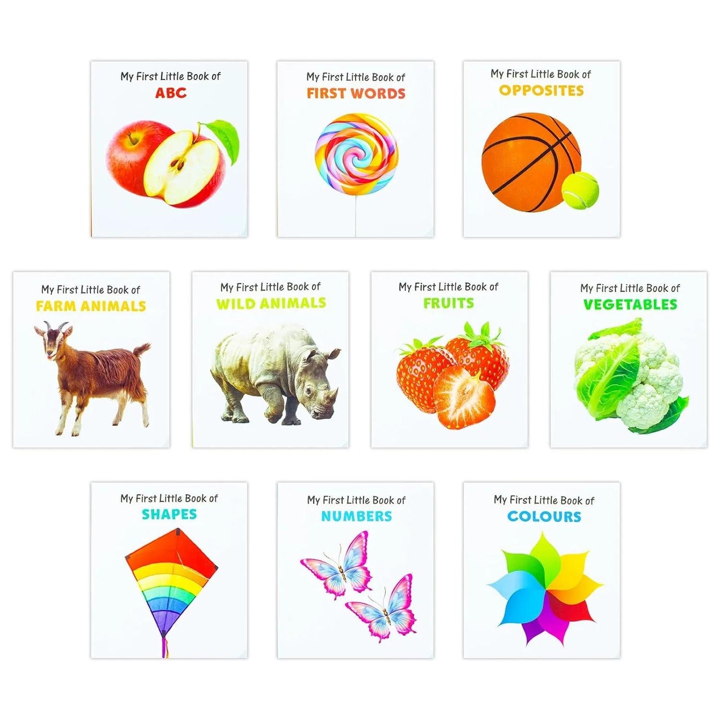 My First Little Library 10 Books Set Collection: (ABC, Shapes, Numbers, First Words, Opposites, Wild Animals, Fruits, Vegetables, Fram Animals, Colours) Hardcover