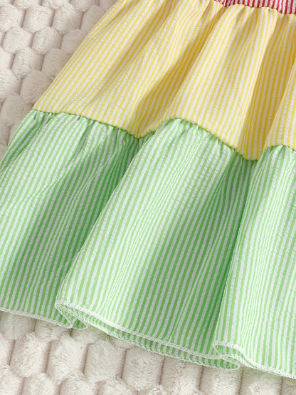 New Summer Style Girls' Colorblock Striped Dress, Cute Flutter Sleeve Dress, Summer Casual Dress, Summer Children's Clothing, Casual Daily Wear, Sweet and Adorable Girls' Dress, Girls' Clothes, Easter