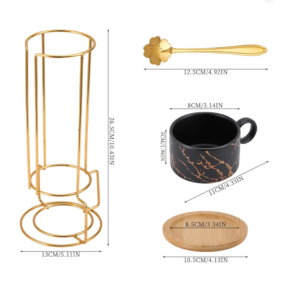 Black Ceramic Coffee Mug Cup Set, Including Four 180ml Cups, Saucers, Spoons, Metal Storage Rack, Stackable Cups and Saucers, Espresso Cups, Holiday and Birthday Gift Set
